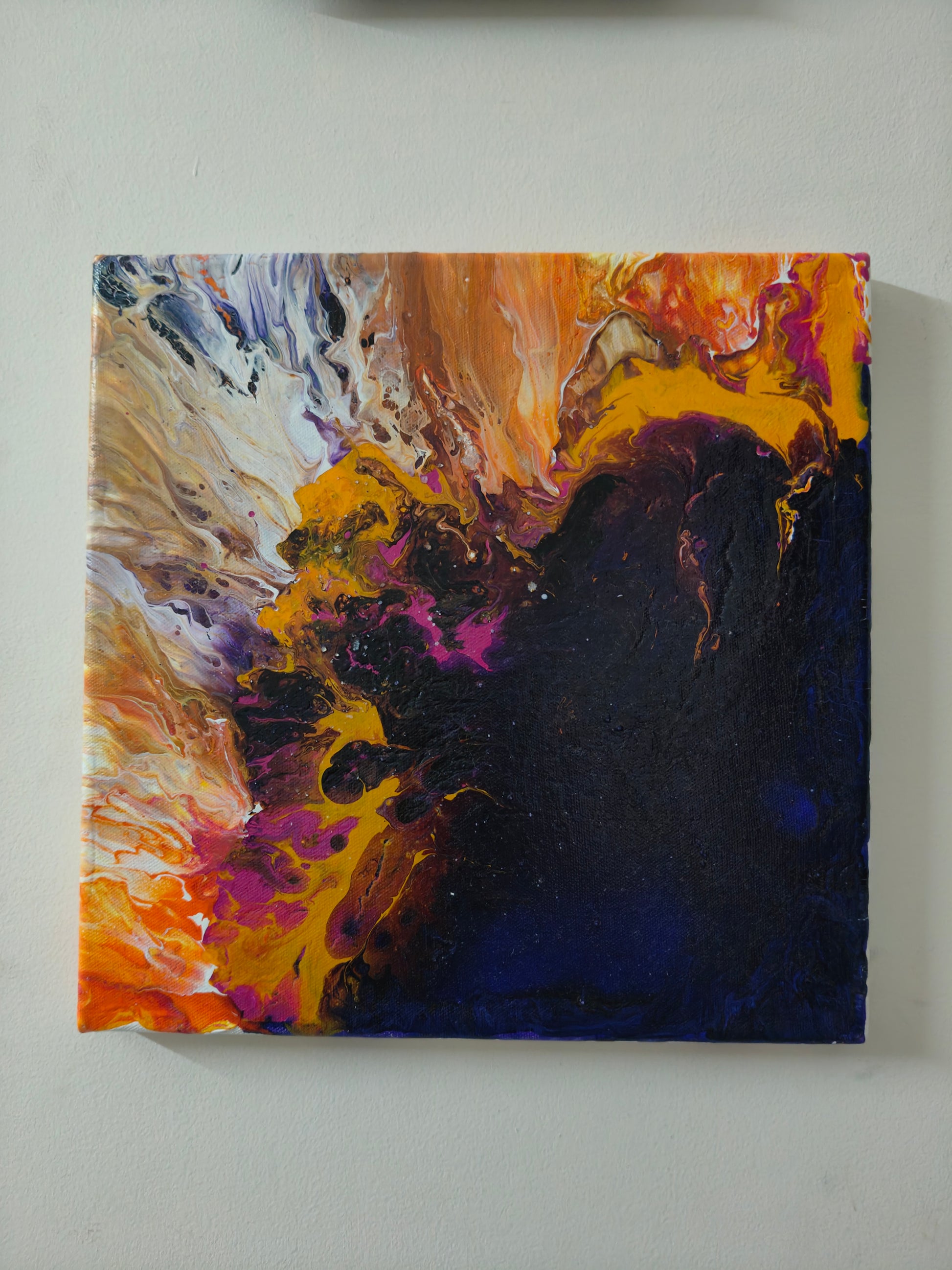 Flares — original fluid art painting on canvas by Rashmi Shrivasatava, 12 x 12 inches